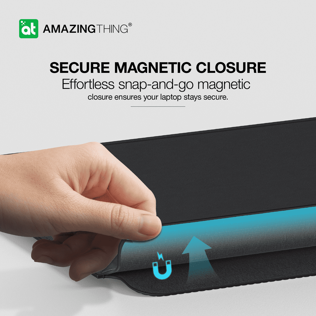 Hand interacting with a laptop with a magnetic closure feature, branded as 'Amazing Thing'.
