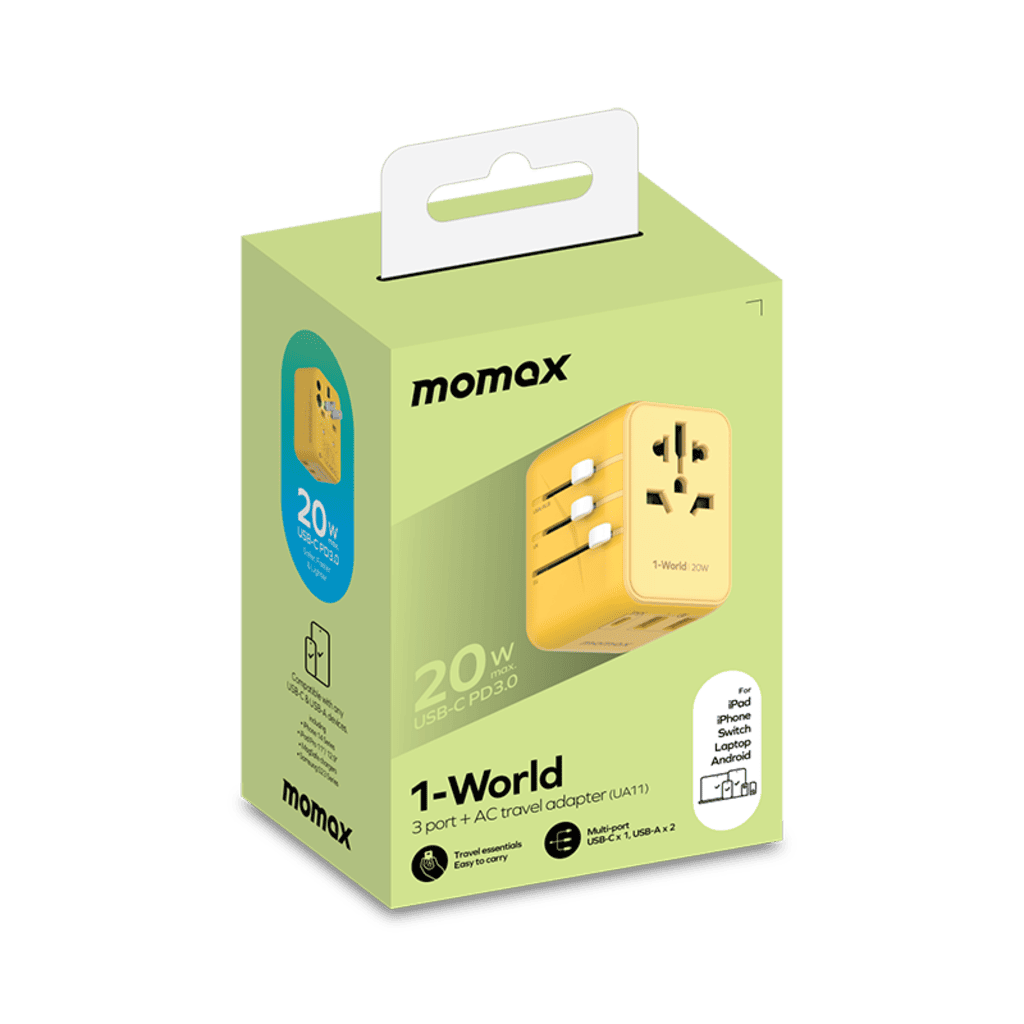 Momax travel adapter packaging on a green background