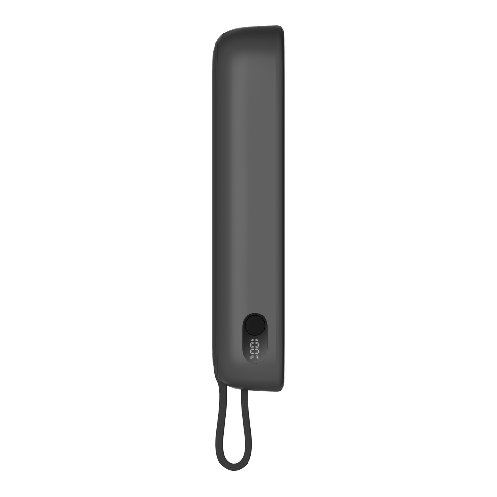 A black portable power bank with a built-in USB-C charging cable and display showing battery level.