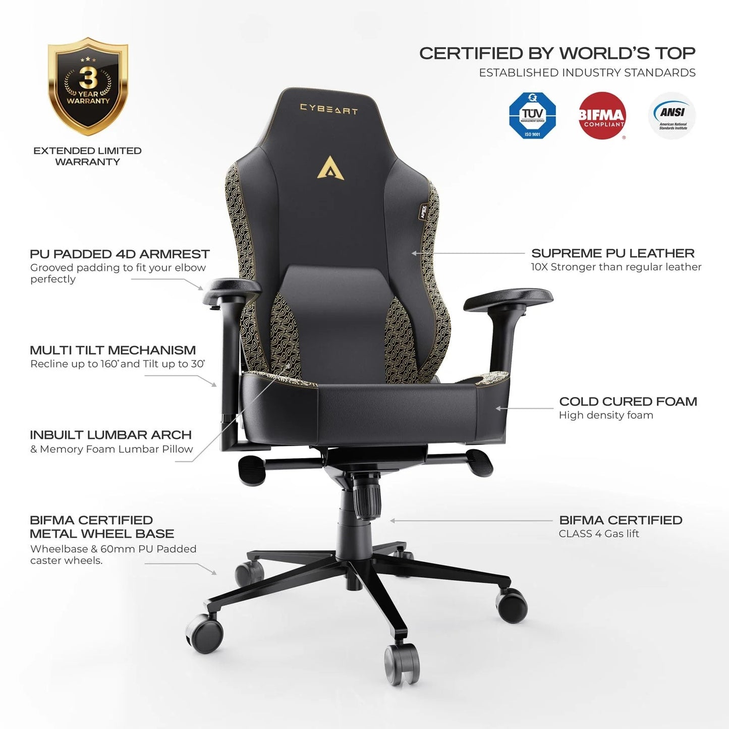 CYBEART | Imperial Edition - NEO Series Gaming / Office Chair | 4D Armrest, Magnetic Neck & Lumbar Pillow, Supreme PU Leather, Ergonomic, Recline & Tilt