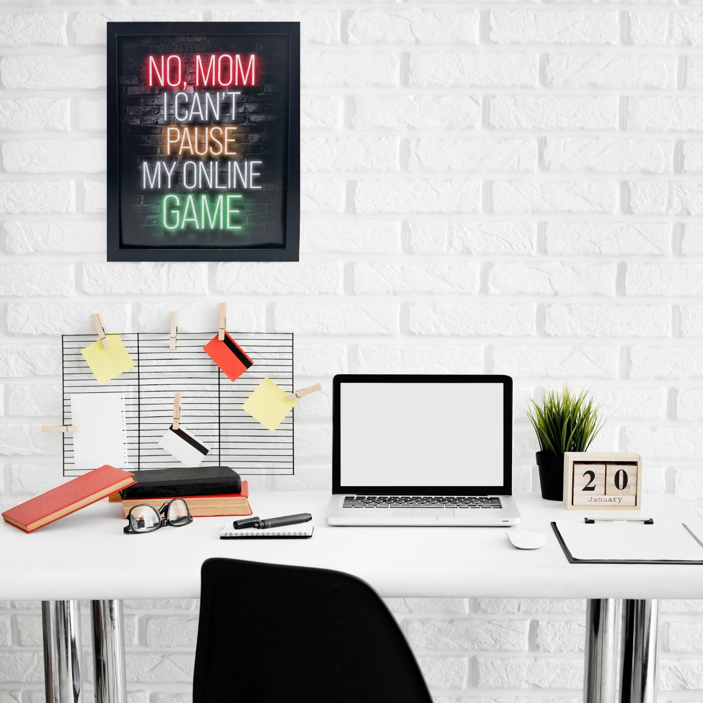 Vibrant Neon Game Wall Art with Frame - "No, Mom I Can't Pause My Online Game"