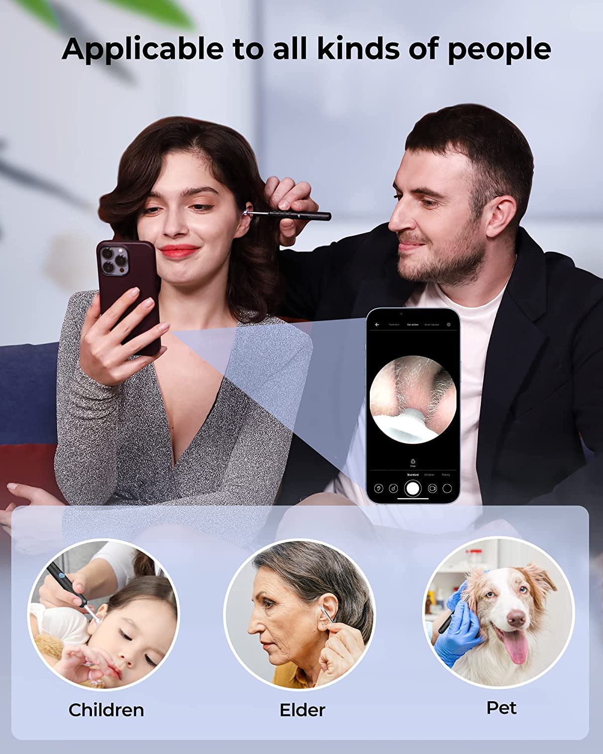 Bebird R1 Wireless Smart Visual Ear Stick With 1080P Otoscope HD Camera & 6 LED Lights for Ear Cleaning 2 Sprial Silicone Ear Scoops 300W - Black