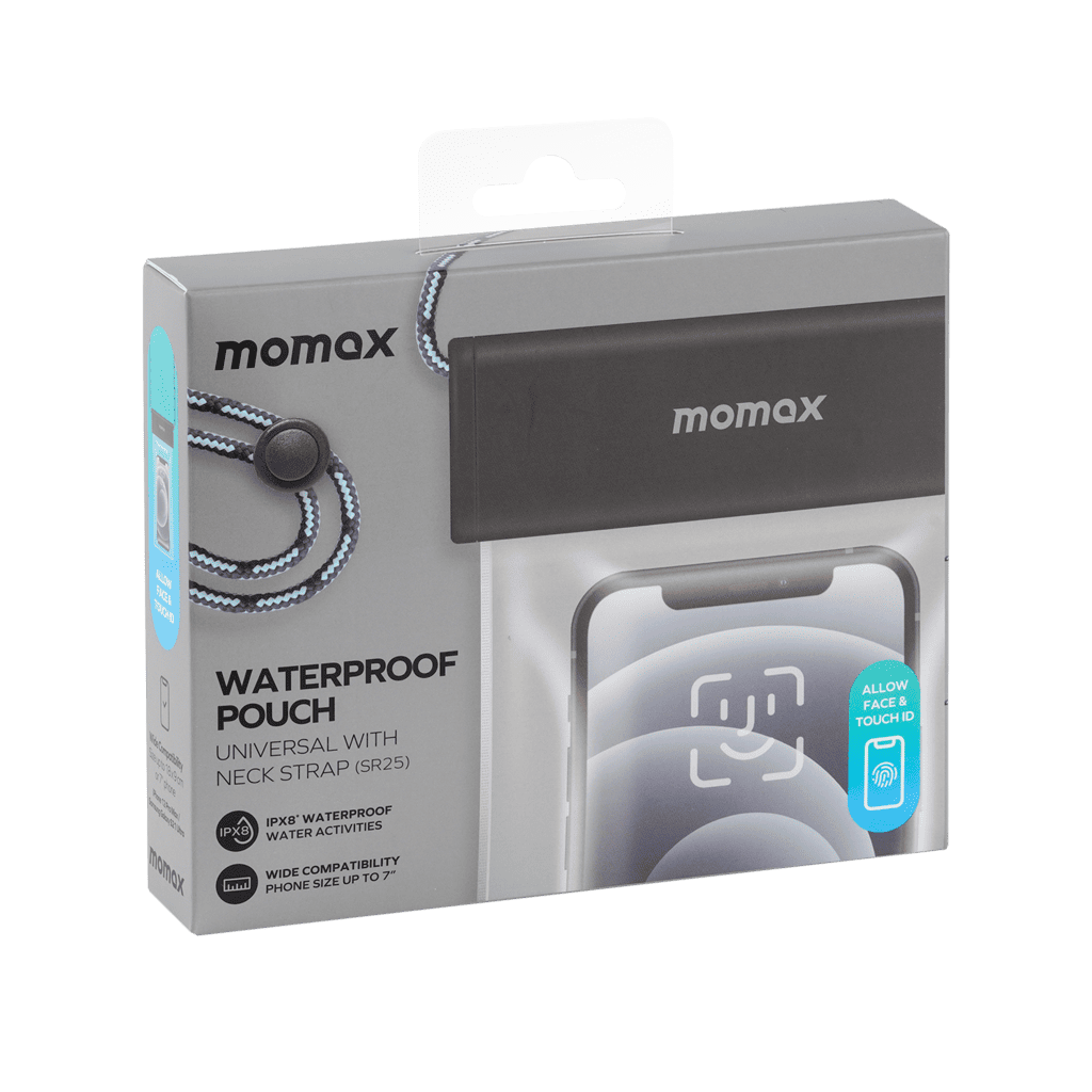 Momax waterproof pouch packaging with a clear window showing the product inside.