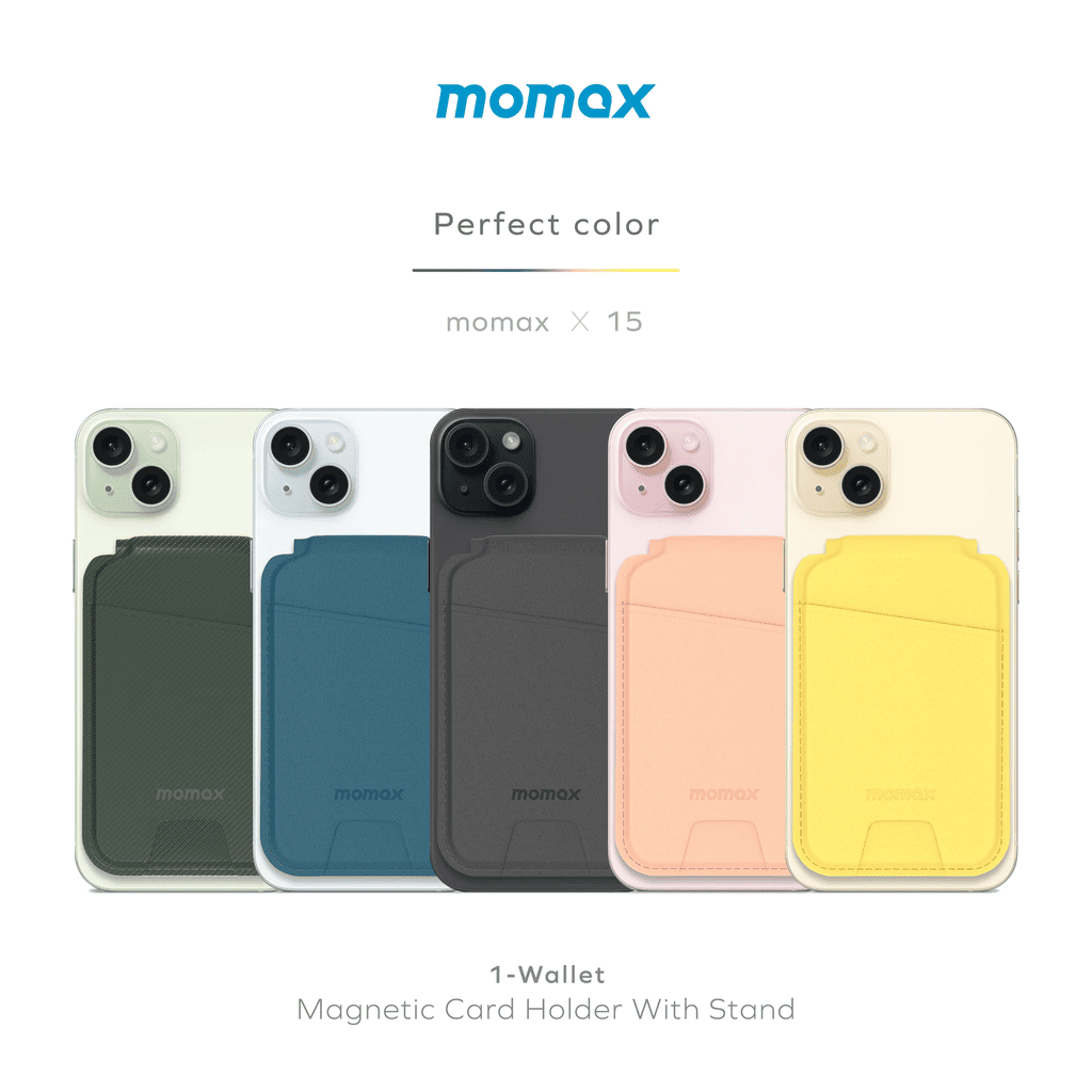 Momax magnetic card holder with stand in various colors on a white background