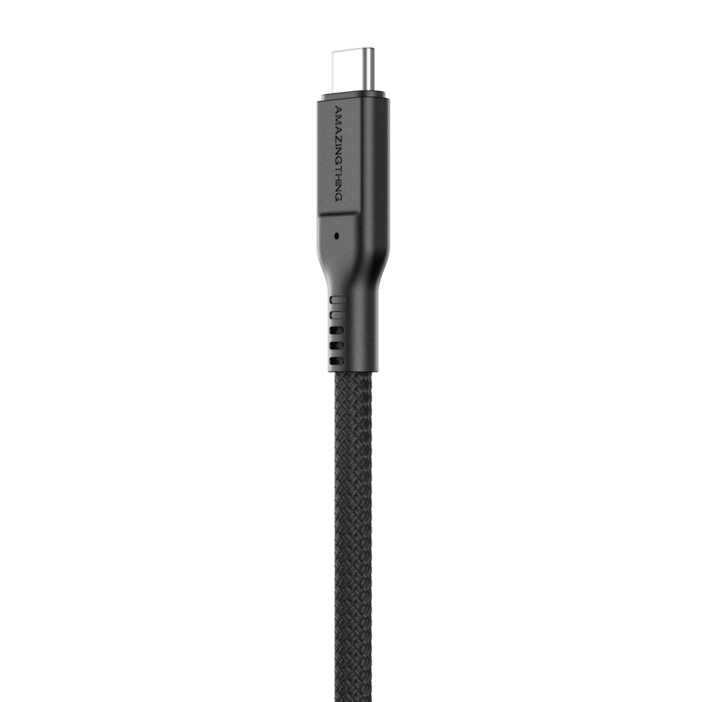 Black charging cable with USB-C connector on a transparent background