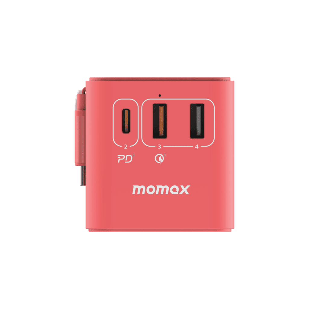 Pink power adapter with USB ports on a green background, featuring the Momax brand.