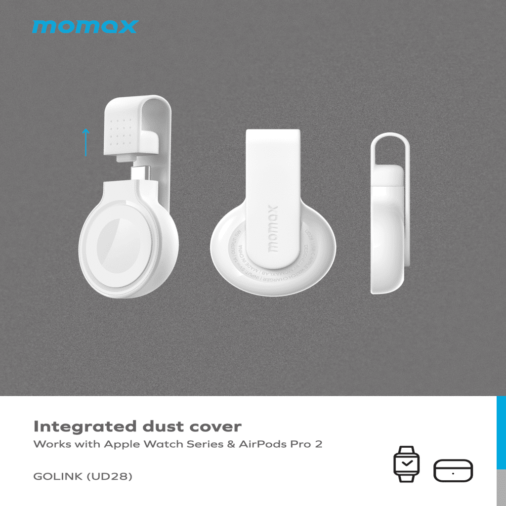 momax integrated dust cover for Apple Watch and AirPods Pro 2 on a gray background