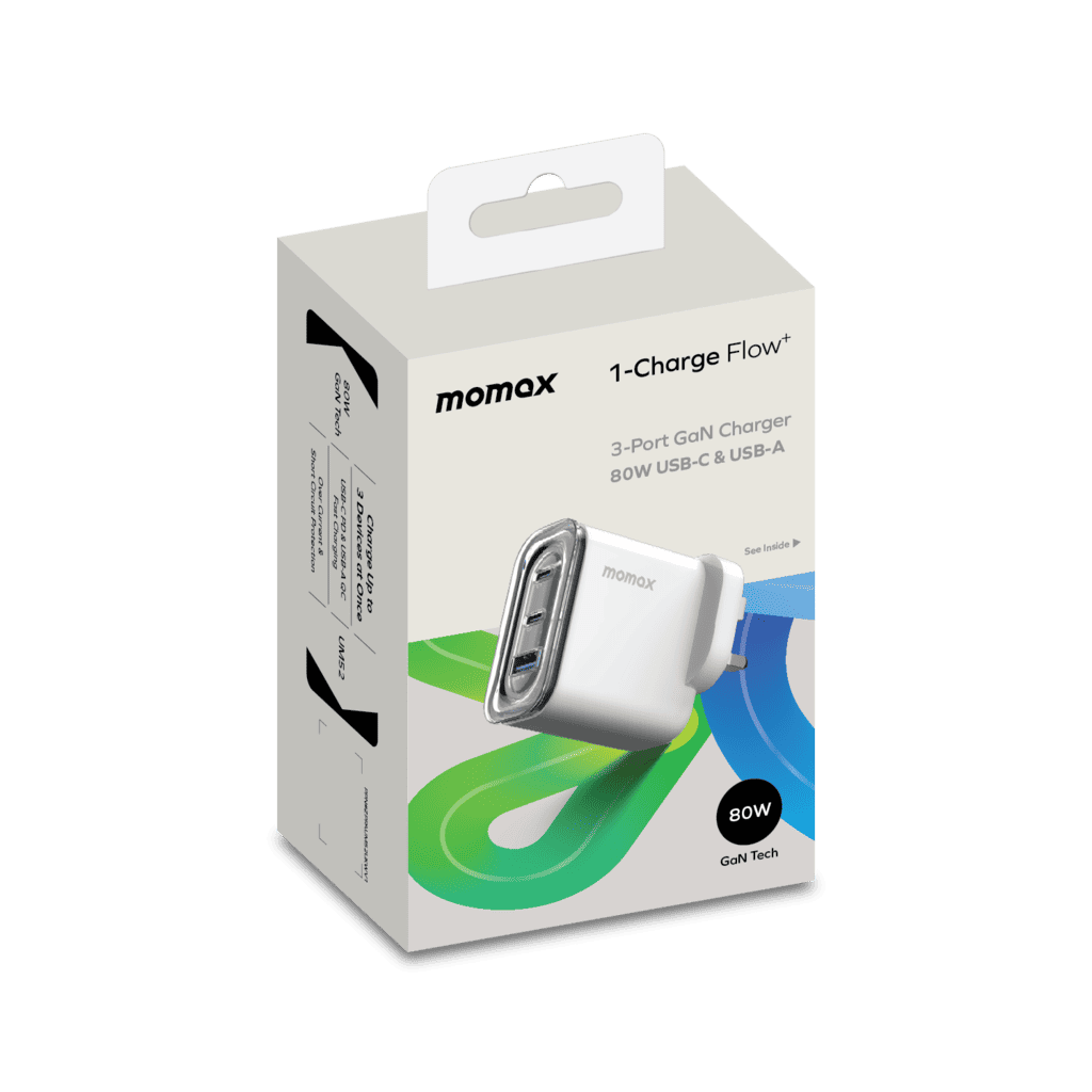 Momax charger packaging with charger illustration on a white background