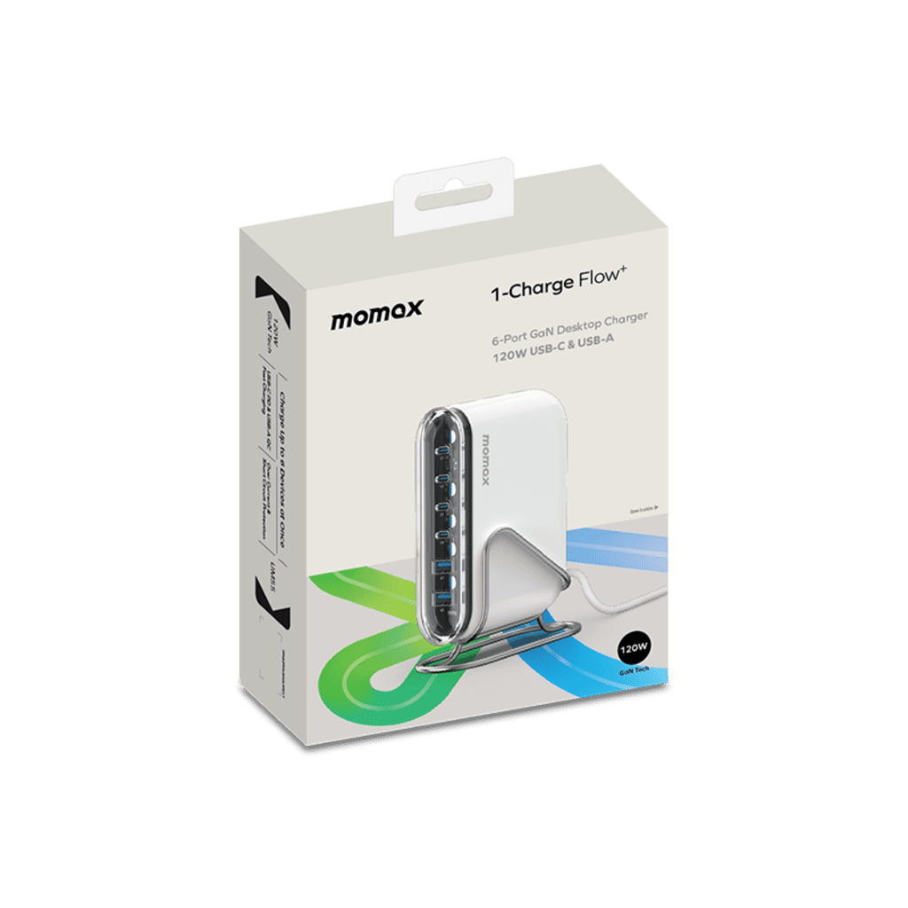 Momax 1-Charge Flow 6-Port GaN Desktop Charger packaging on a white background