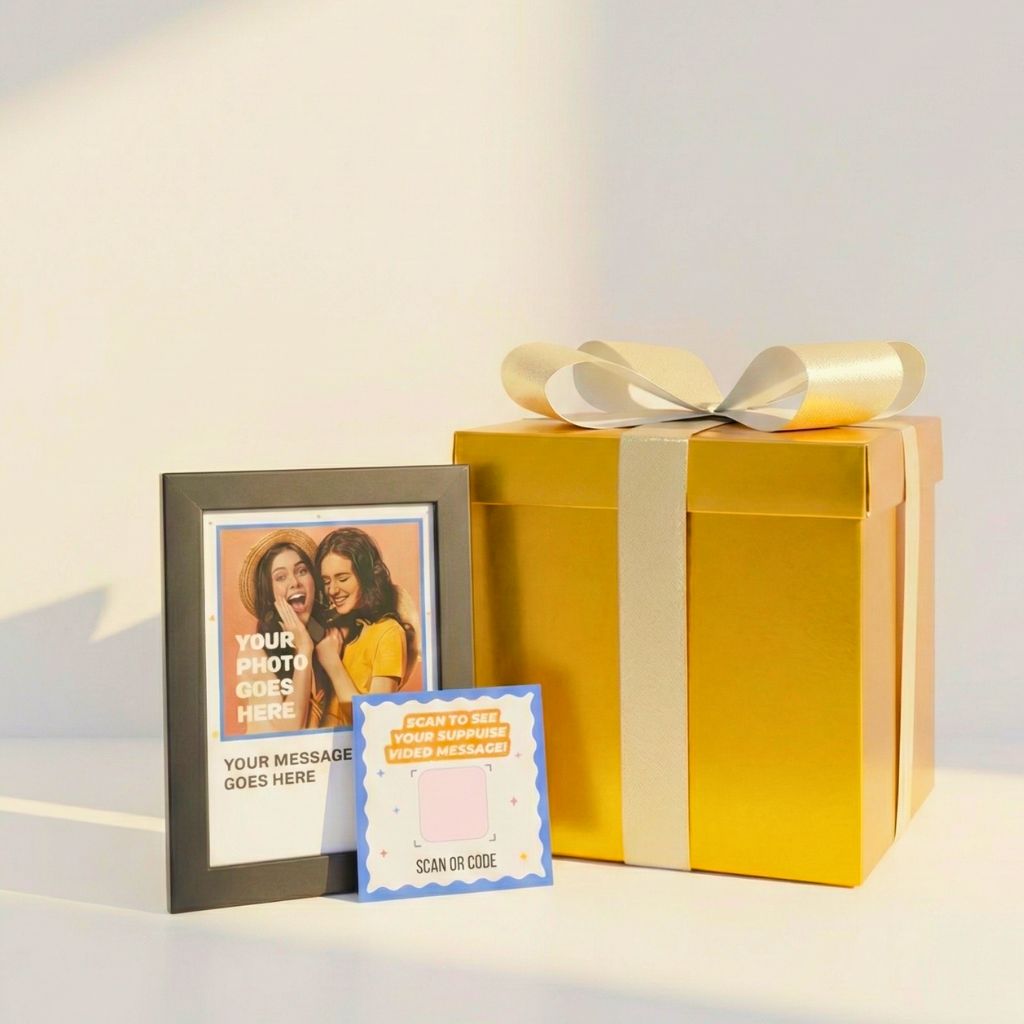 Personalized photo frame, gold gift box with ribbon, and QR code card on a light background
