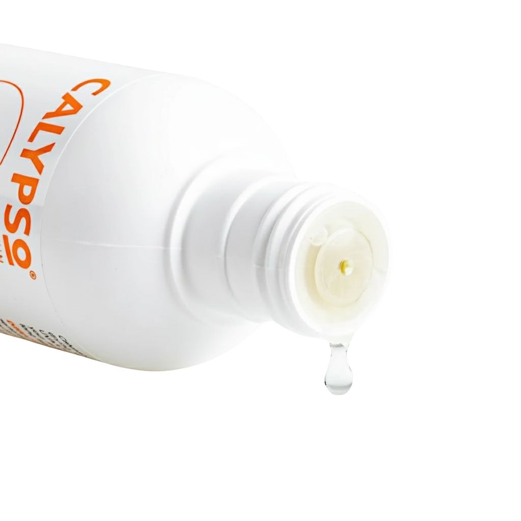 White bottle with orange 'Calypso' text on a white background