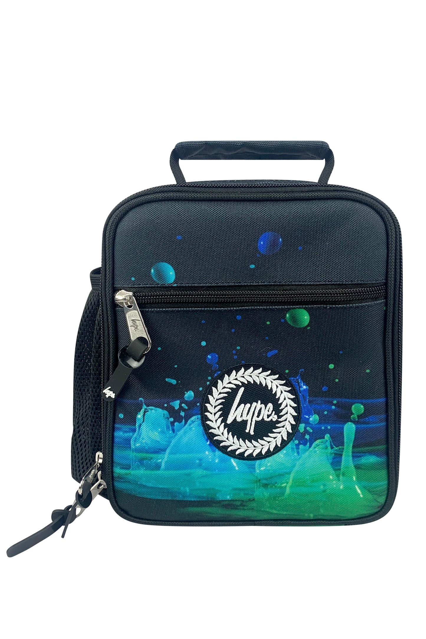 Black insulated lunch bag with a colorful design and 'hype.' logo on a white background