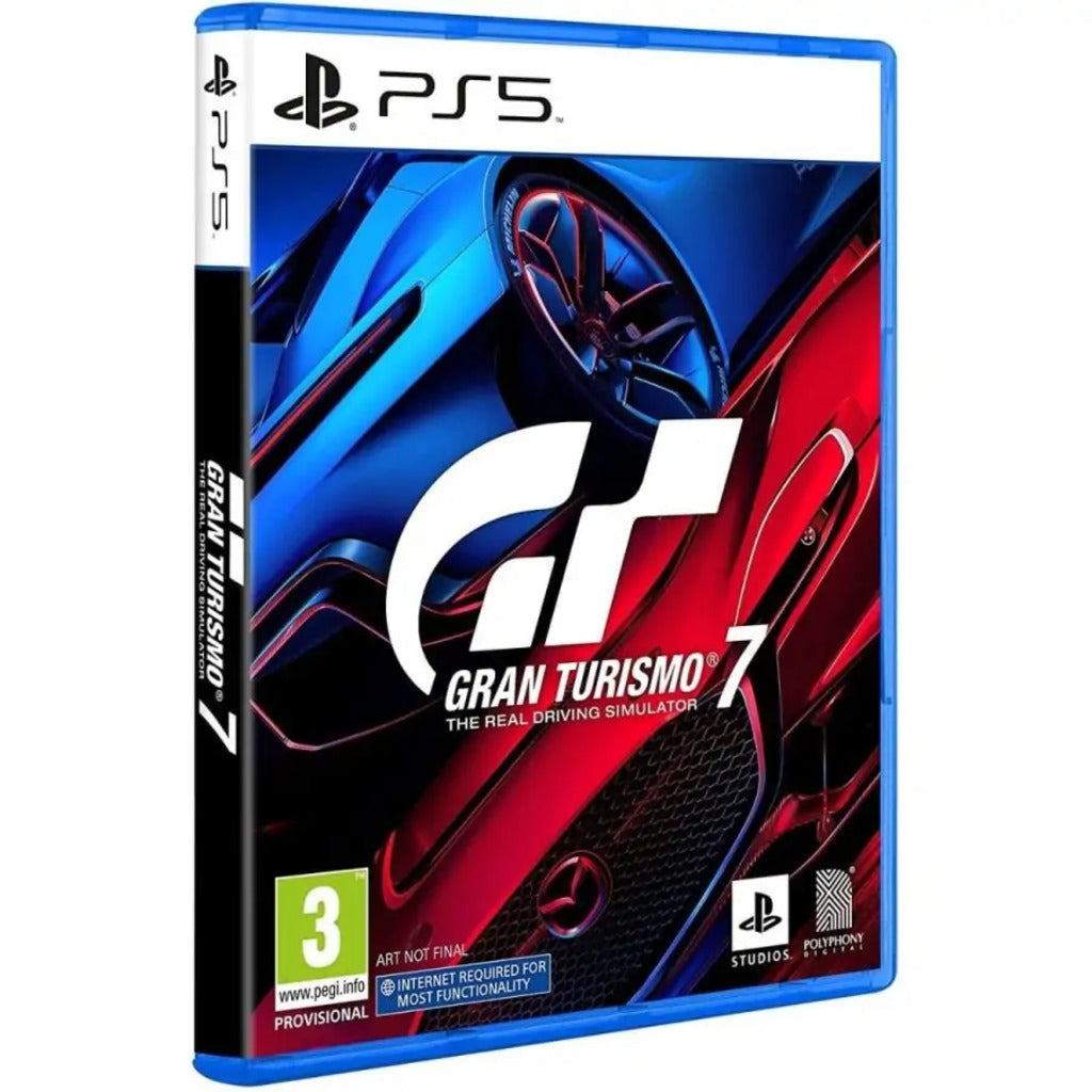 Gran Turismo 7 game case for PS5 with car design on a white background