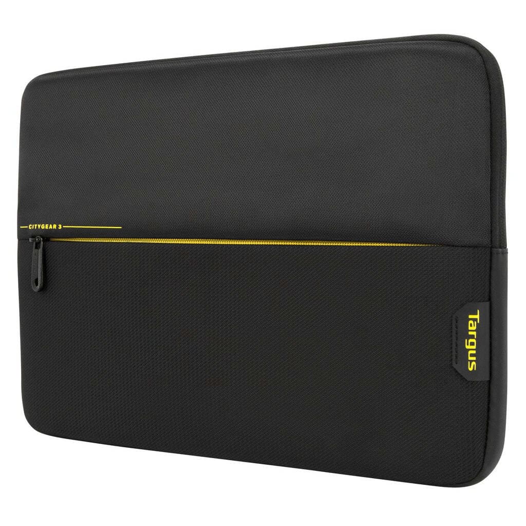 Black laptop sleeve with yellow zipper and Targus branding on a white background
