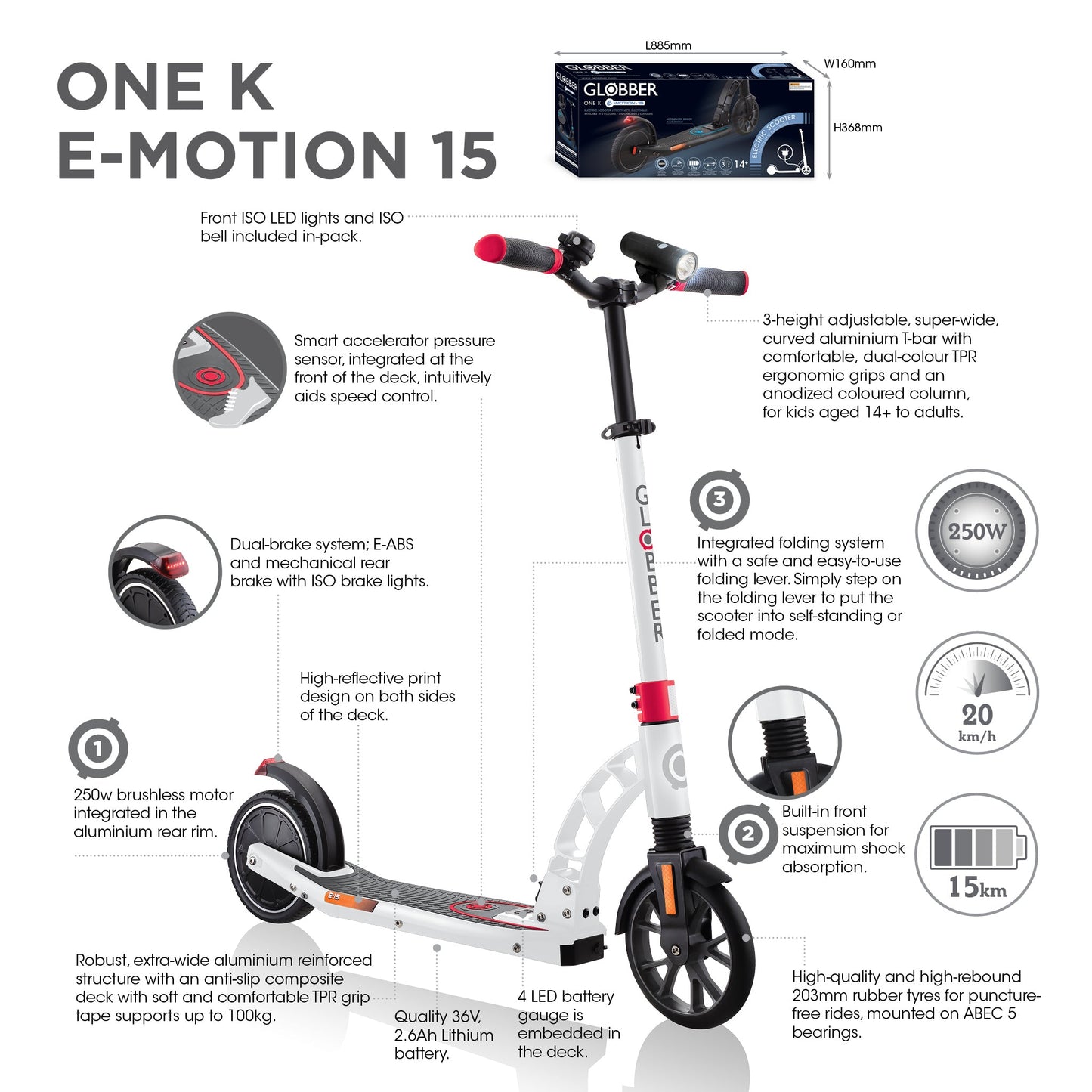 One K E-Motion 15 Electric Scooter: Foldable 2-Wheel Electric Scooter for Teens - Red/White