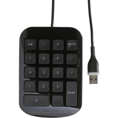 Black numerical keypad with USB cable on a white background