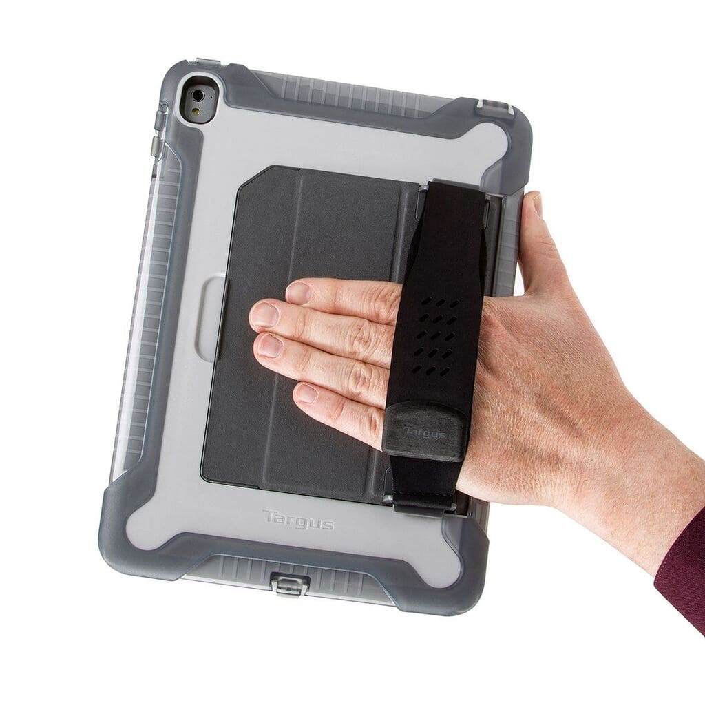 Person holding a tablet with a protective case on a white background