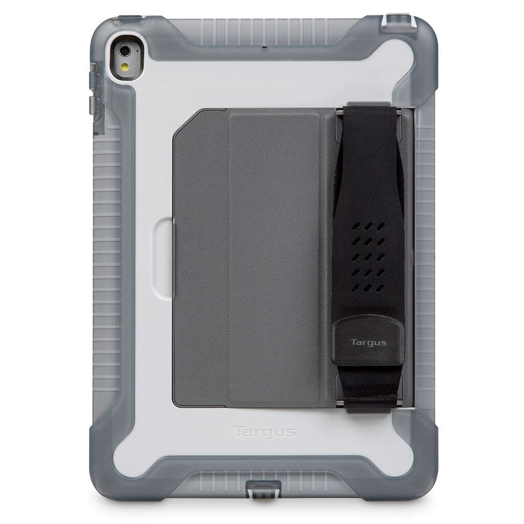 Gray and clear tablet case with a strap on a white background