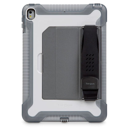 Gray and clear tablet case with a strap on a white background