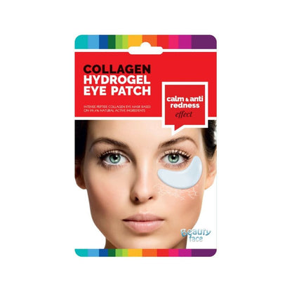 Collagen hydrogel eye patch packaging with a model wearing the patches.
