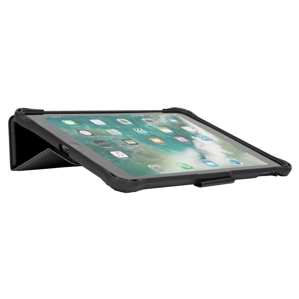 Tablet with a black protective case on a white background