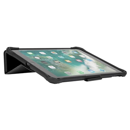 Tablet with a black protective case on a white background