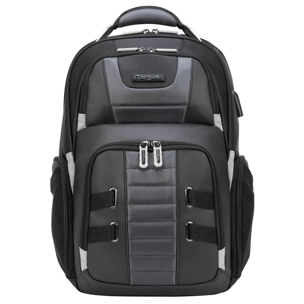Black and gray backpack with multiple zippers on a white background