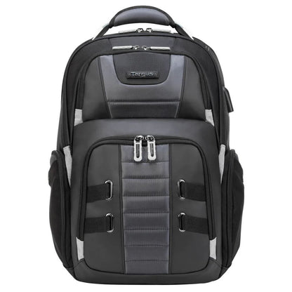 Black and gray backpack with multiple zippers on a white background