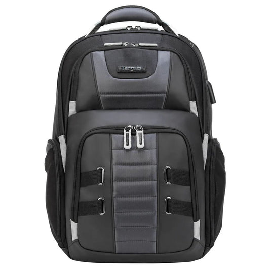 Black and gray backpack with multiple zippers on a white background