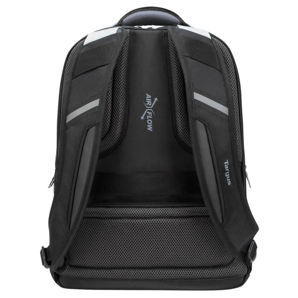 Black backpack with visible branding on a white background