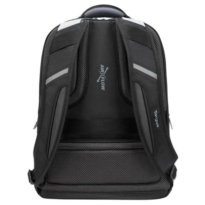 Black backpack with visible branding on a white background
