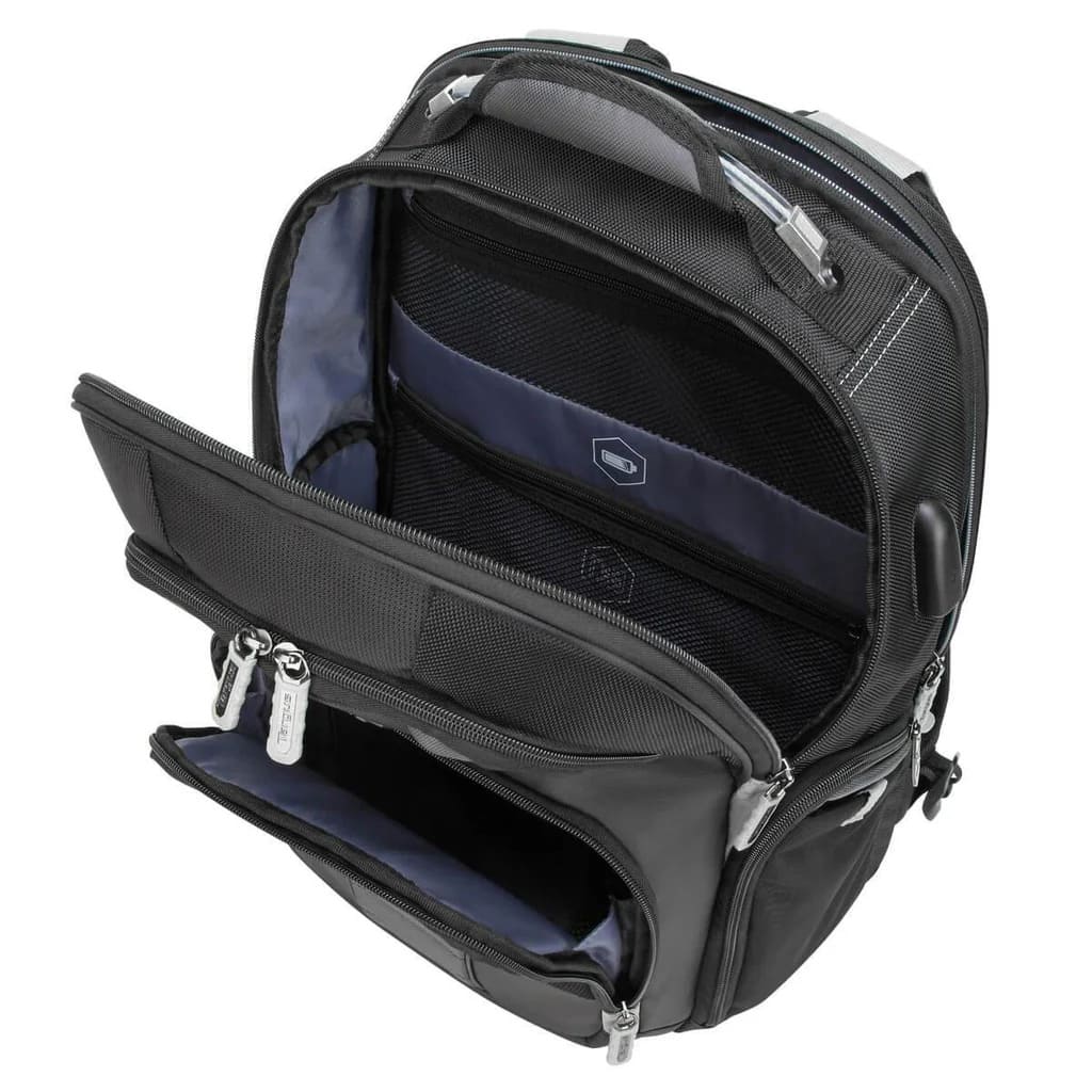 Black backpack with open compartments on a white background