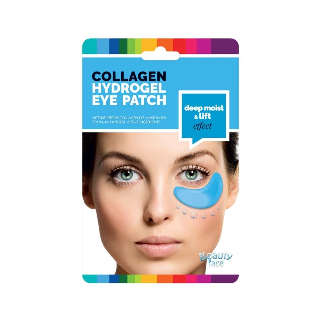 Collagen hydrogel eye patch packaging with a woman's face on a white background