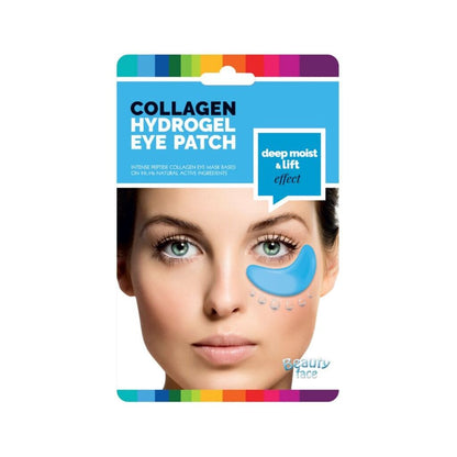 Collagen hydrogel eye patch packaging with a woman's face on a white background