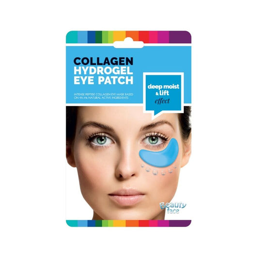 Collagen hydrogel eye patch packaging with a woman's face on a white background