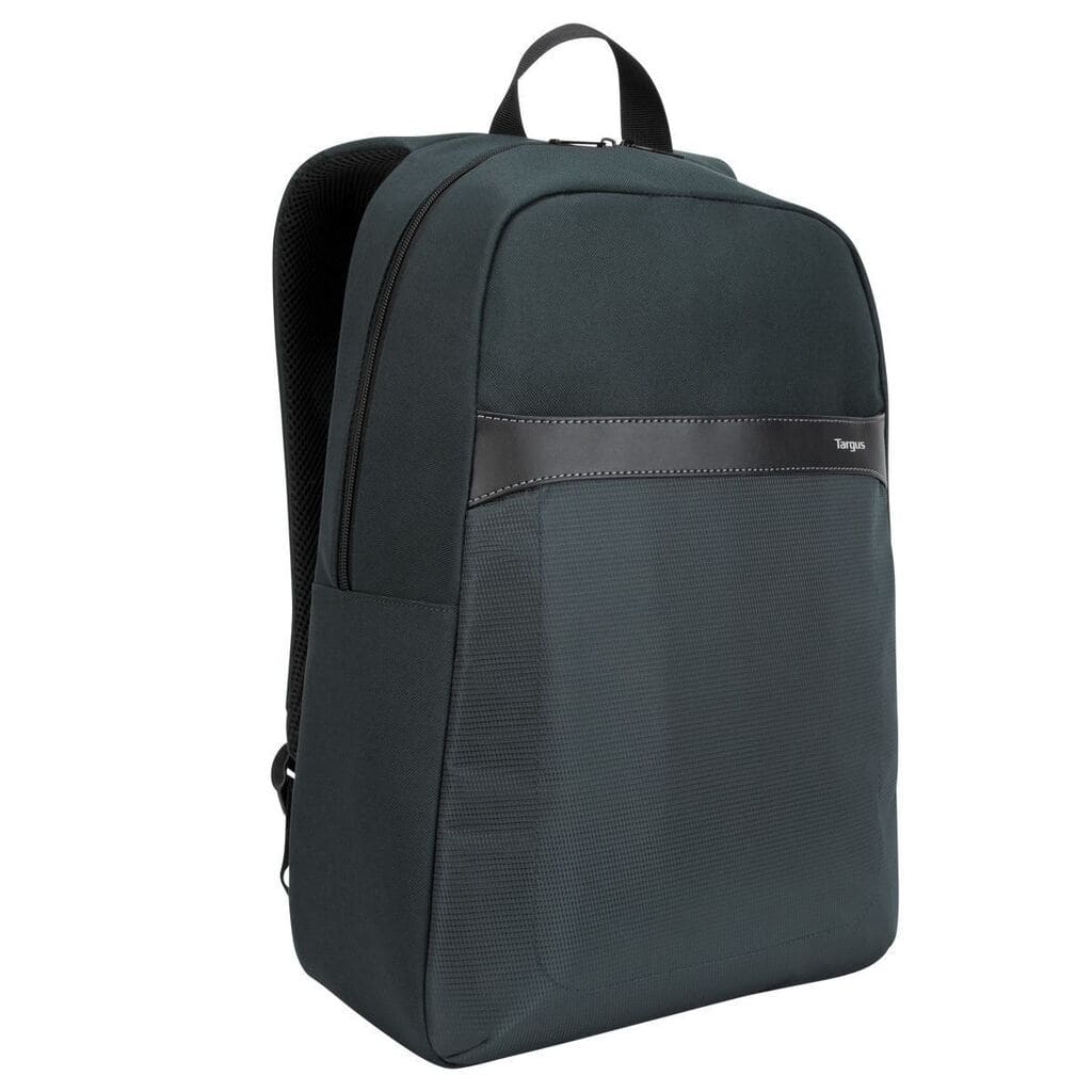 Black backpack with visible brand logo on a white background