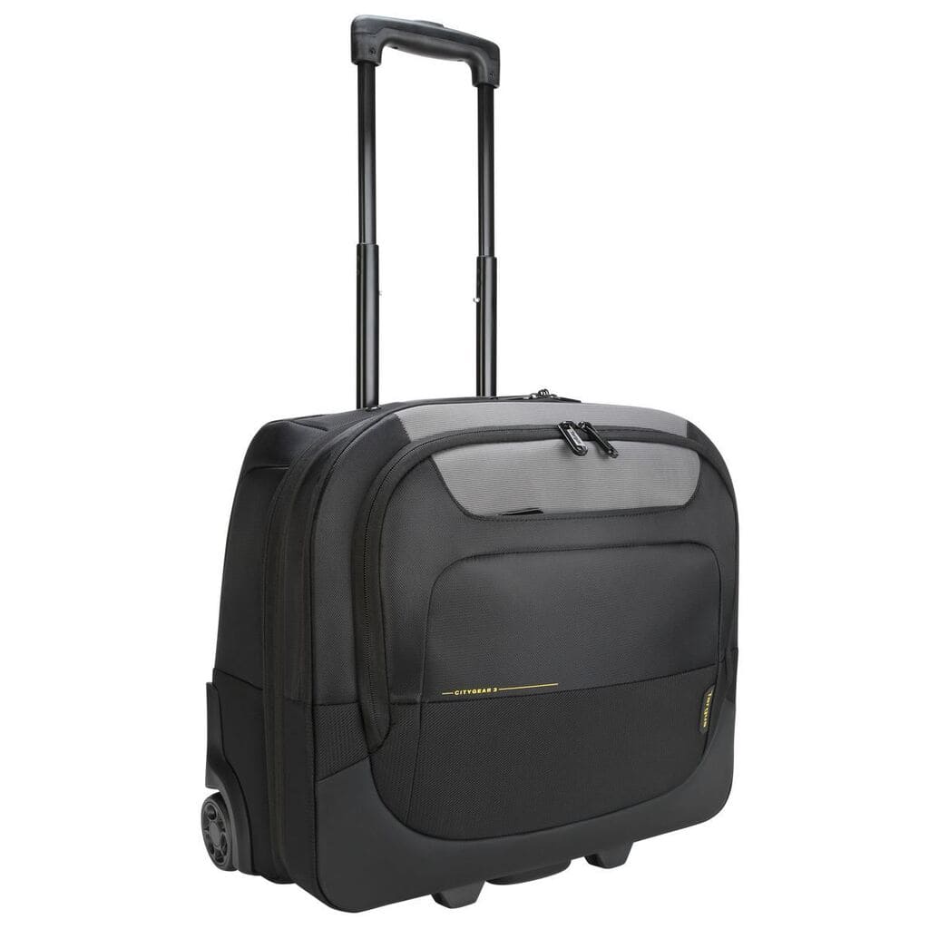 Black rolling suitcase on a white background