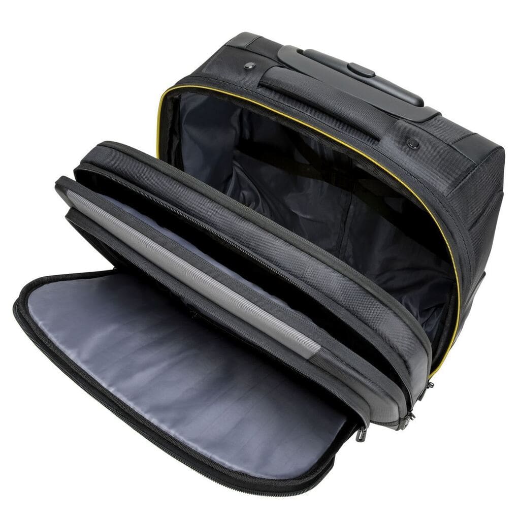 Black suitcase with open compartment on a white background
