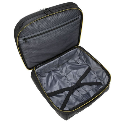 Open black suitcase with interior details on a white background