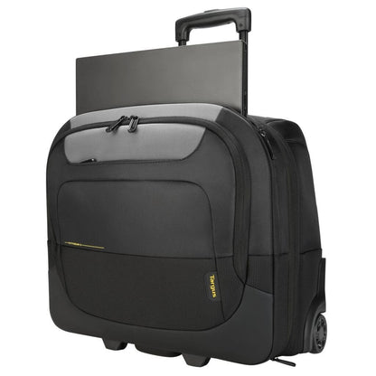 Black rolling suitcase with a laptop compartment on a white background