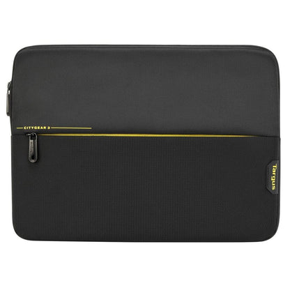 Black laptop sleeve with gold zipper and branding on a white background