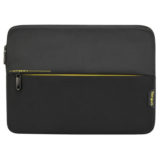 Black laptop sleeve with gold zipper and branding on a white background