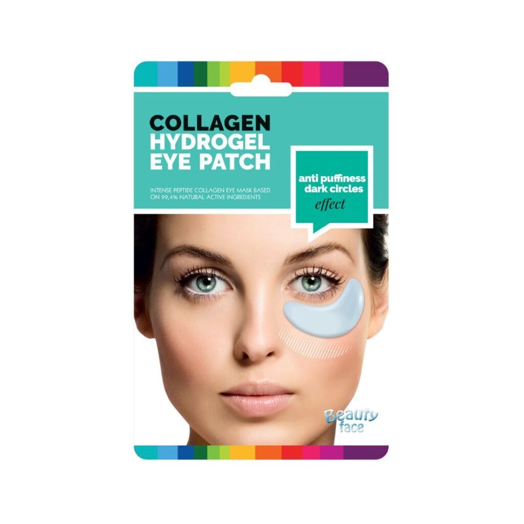 Collagen hydrogel eye patch packaging with a model wearing the patches on a white background