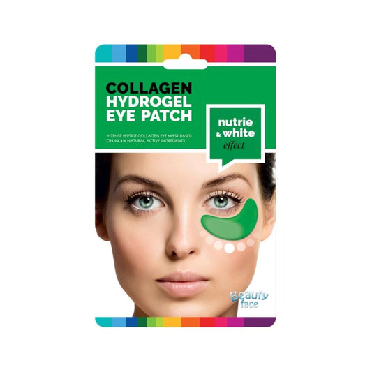 Collagen hydrogel eye patch packaging with a woman's face on a white background