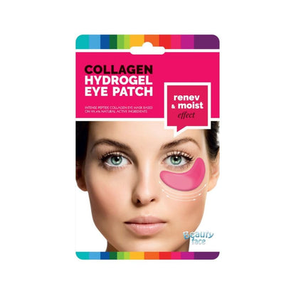 Collagen hydrogel eye patch packaging with a model wearing the patch on a white background