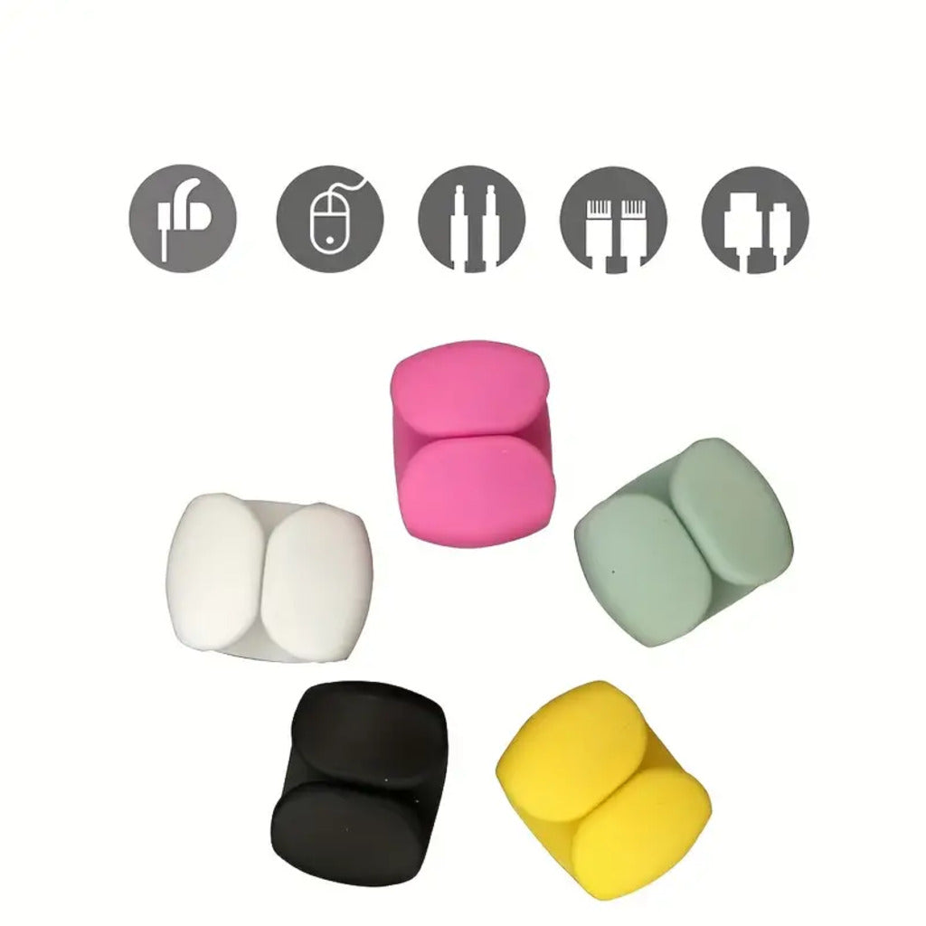 Set of colorful silicone earbud tips on a white background with icons above them.