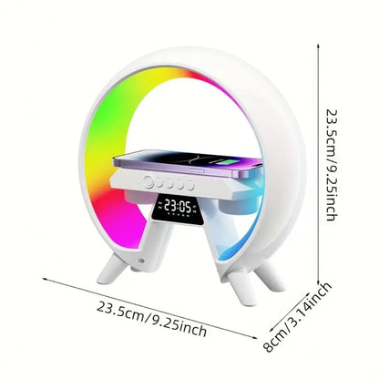 Multicolored circular device with a phone on a stand, displaying time and dimensions.