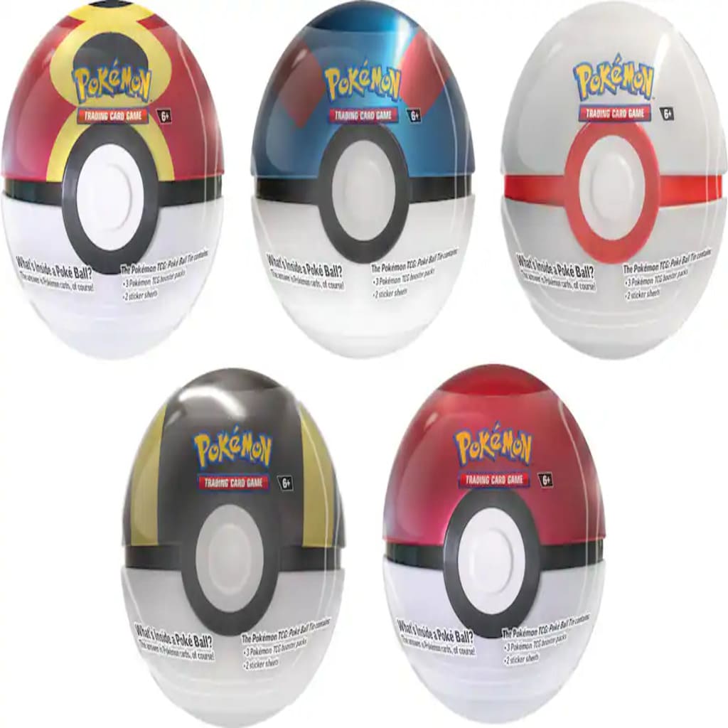 Five Poké Ball-shaped packaging with Pokémon branding on a white background