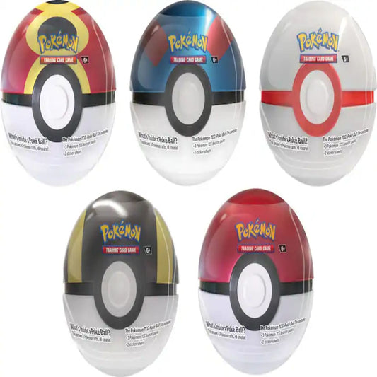 Five Poké Ball-shaped packaging with Pokémon branding on a white background