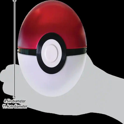 Red and white Poké Ball with measurement details on a black background
